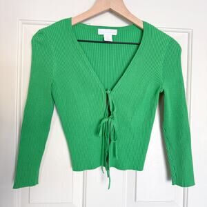 House of Harlow 1960 XS Cropped Ribbed Tie Front Cardigan Green Long Sleeve Y2K